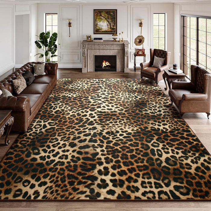 DweIke Leopard Rugs for Living Room, 8x10 Cheetah Print Rug for Bedroom Decor, Washable Non-Slip Stain Resistant Faux Animal Throw Carpet for Dining Room Office Western Home, Dark Brown