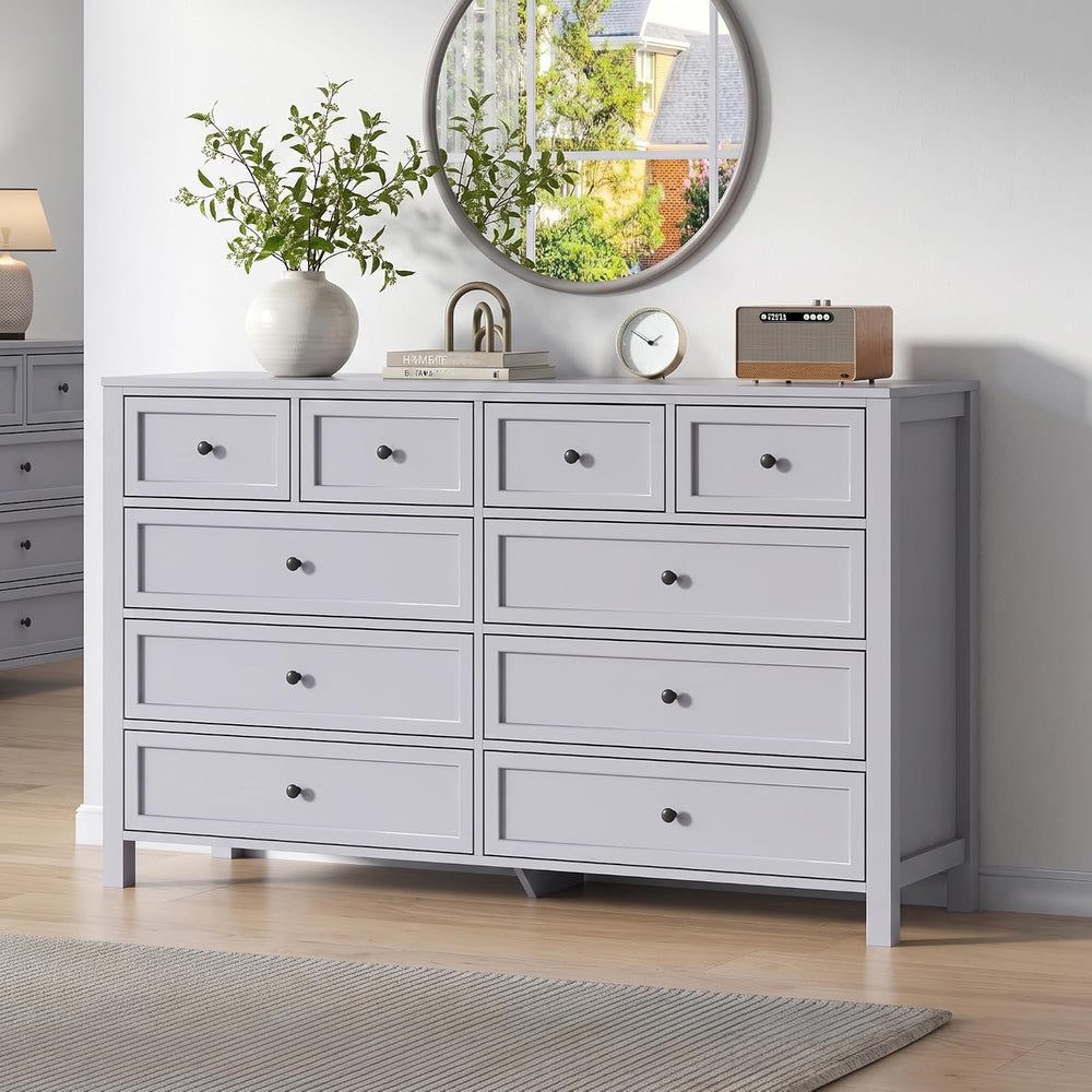 Grey Dresser with 10 Drawers, Farmhouse Chest of Drawers for Bedroom
