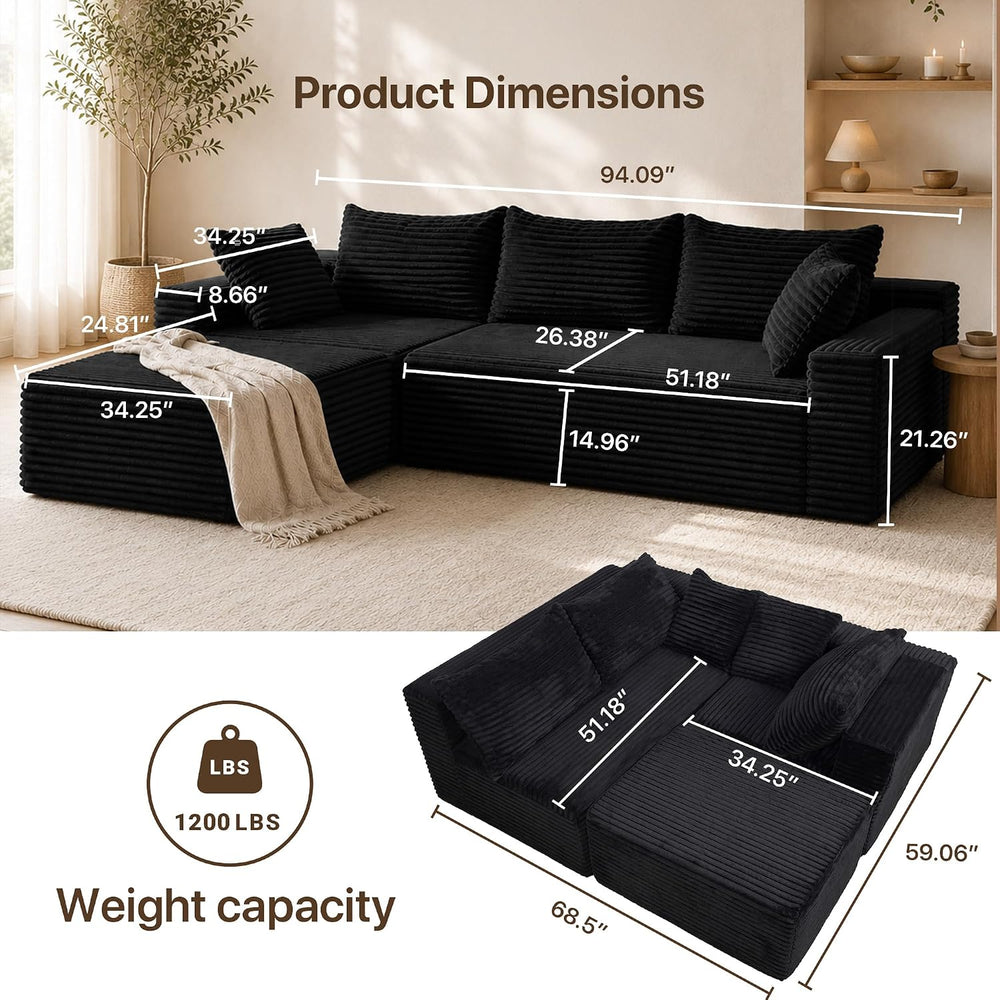 Claiks 94" Boneless Couch, L-Shape Corduroy Sectional Sofa, Black | Flex...