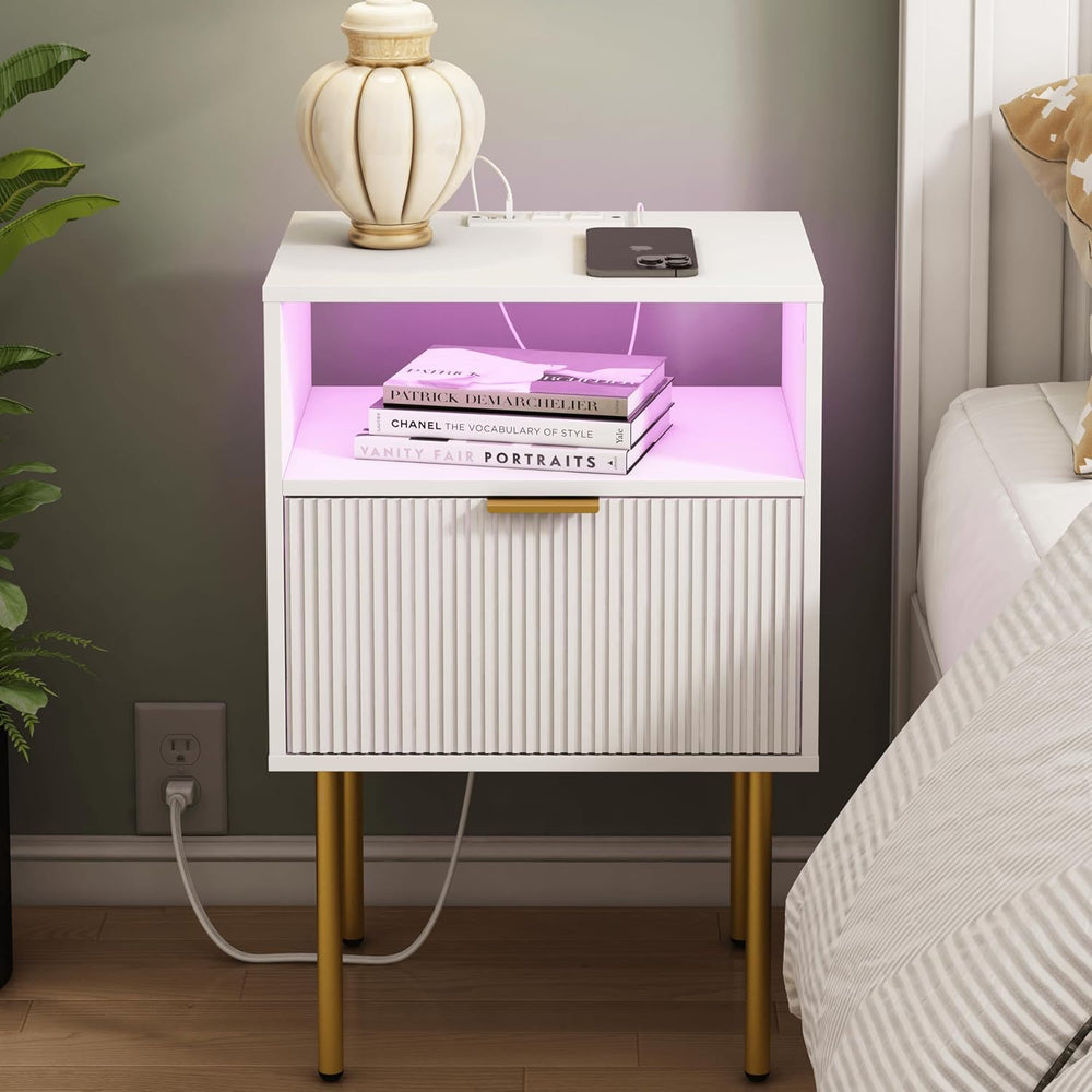 Modern Nightstand with Charging Station and LED Lights, White Bedside Table w...