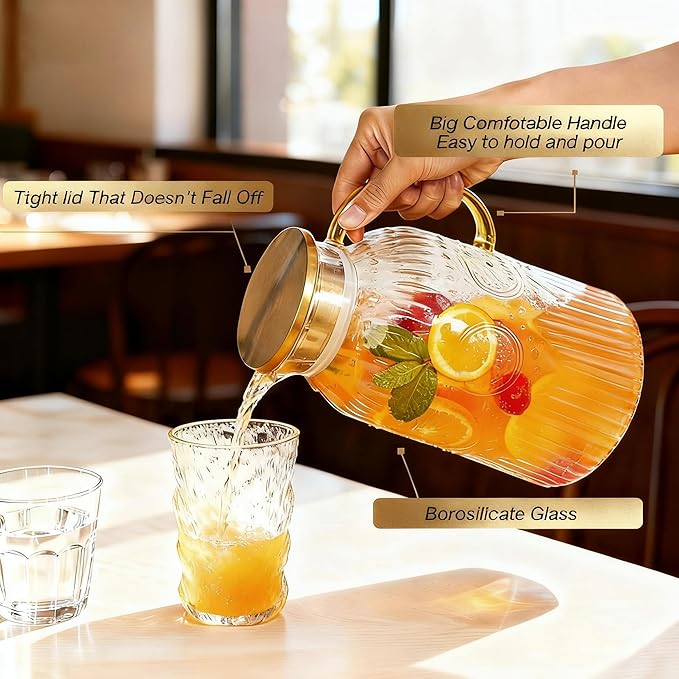 Amzcku Glass Pitcher with Lid, 1 Gallon/128 oz Vintage Water Pitcher, Water