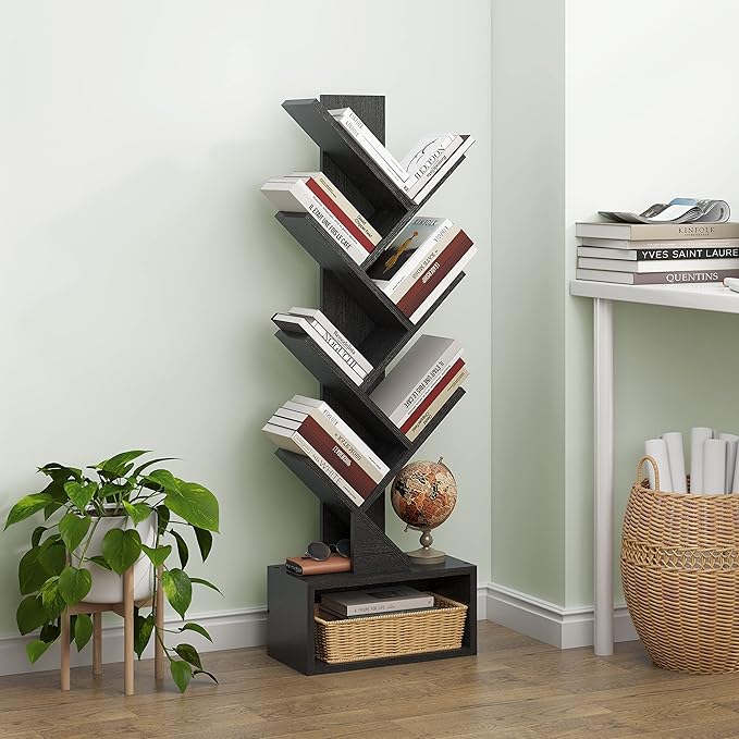 Hoctieon 6 Tier Tree Bookshelf, Tall Bookcase with Drawer, Freestanding Book ...