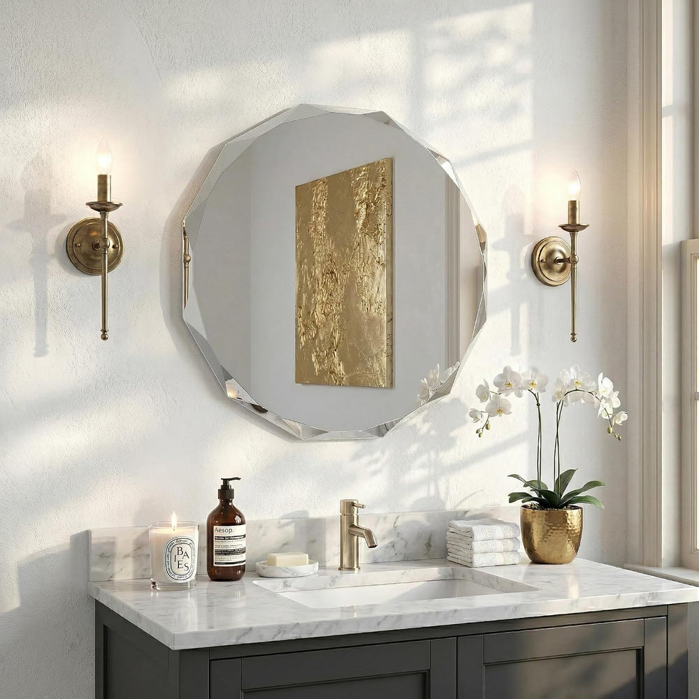 24" Round Frameless Beveled Mirror, Diamond Cut Edge Wall Mirror for Bat...