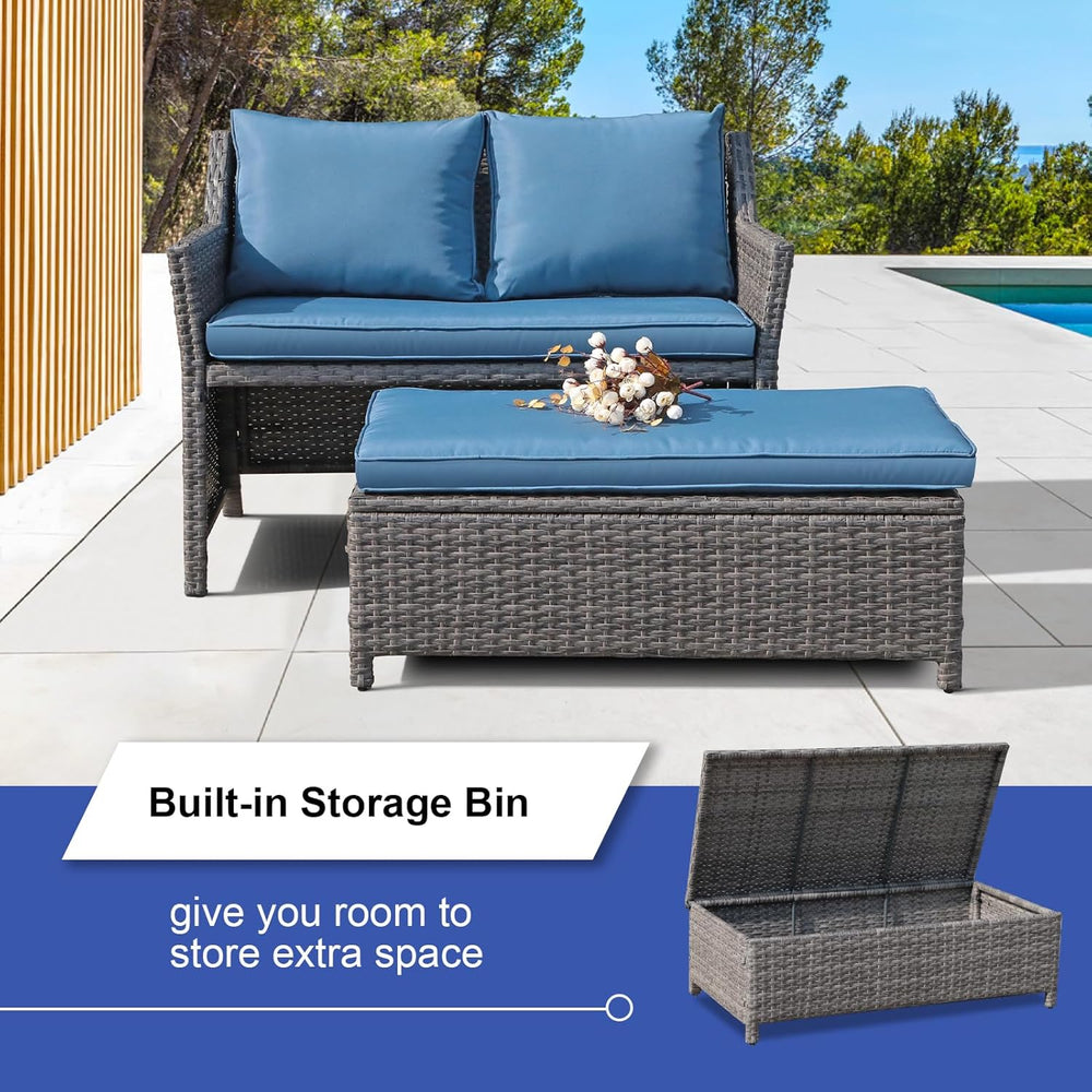 Wicker Patio Loveseat w/Storage Ottoman, 2 Pcs, Navy Blue