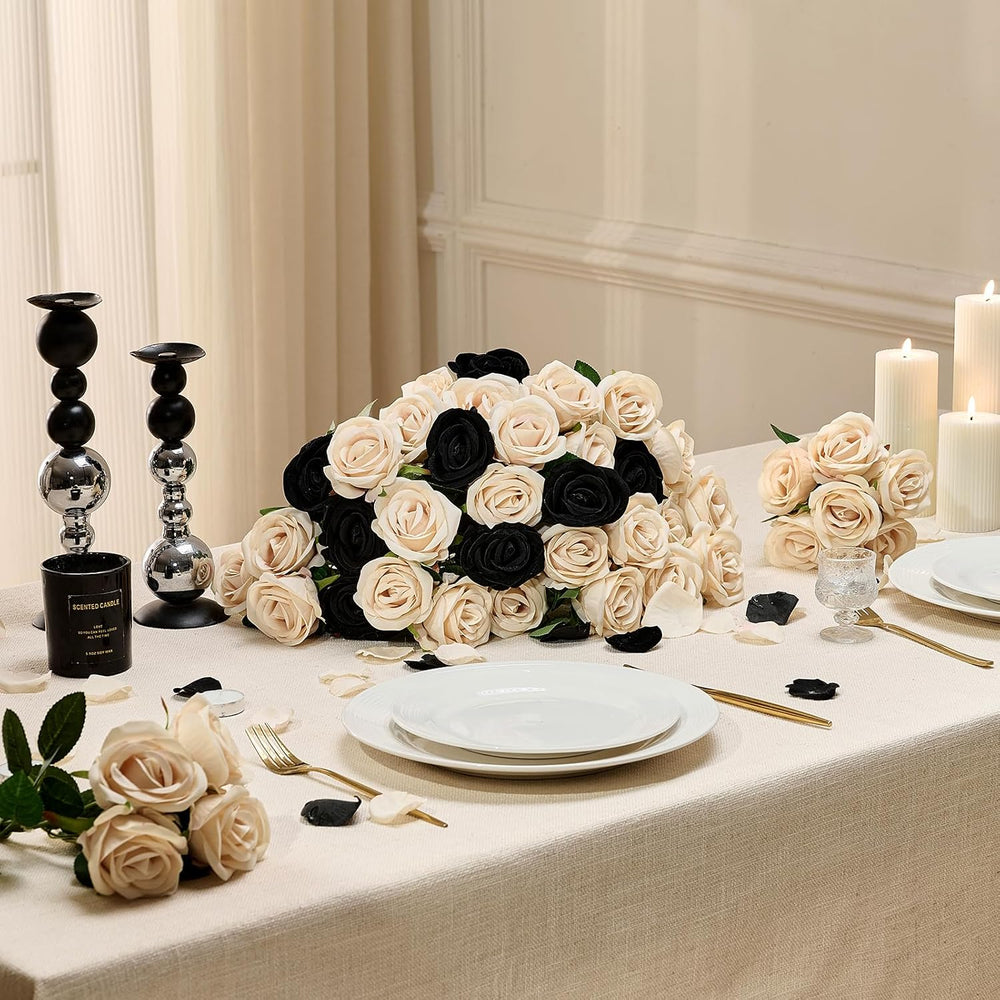 AmyHomie 48 PCS Black Roses, Velvet Realistic Fake Flowers w/Stems
