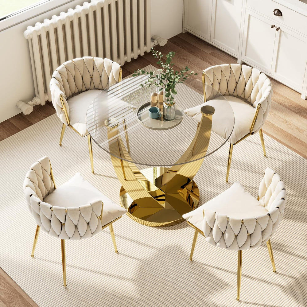 38.9" Round Glass Dining Table Set for 4, Modern Kitchen Table with 4 Up...