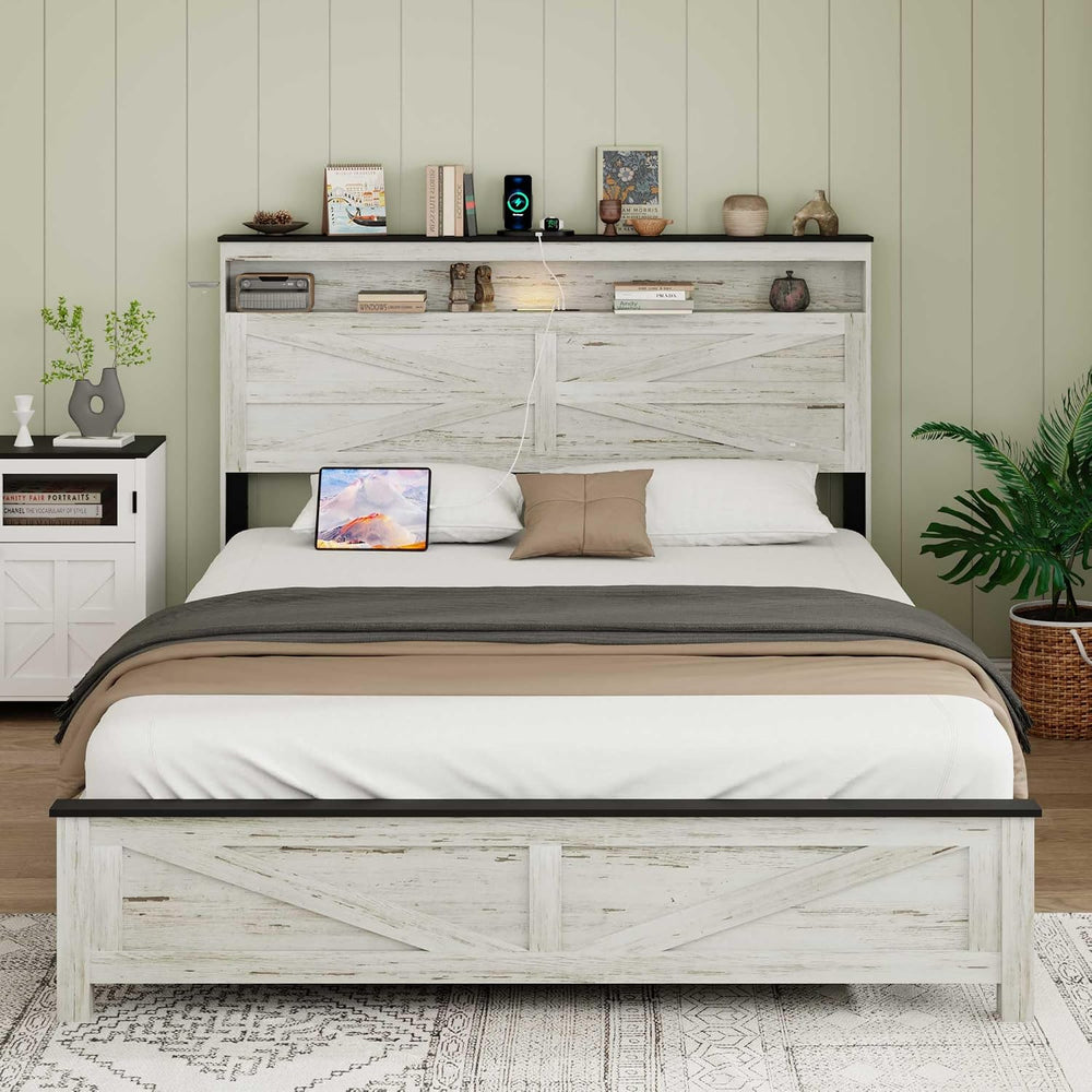 Ball & Cast Wood Queen Size Bed Frame with Storage Headboard,Farmhouse Pl...