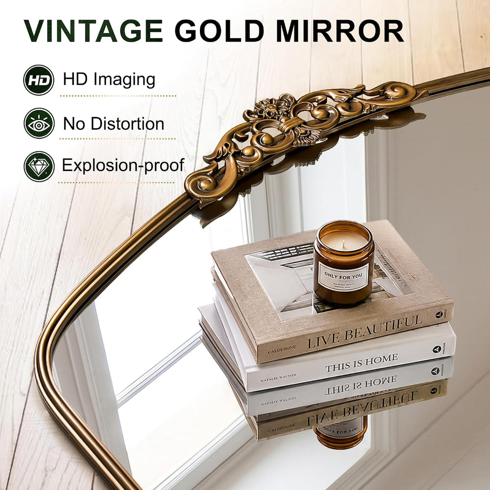 Vintage Gold Mirror, 40"x29" Arched Antique Gold Wall Mirror Baroque