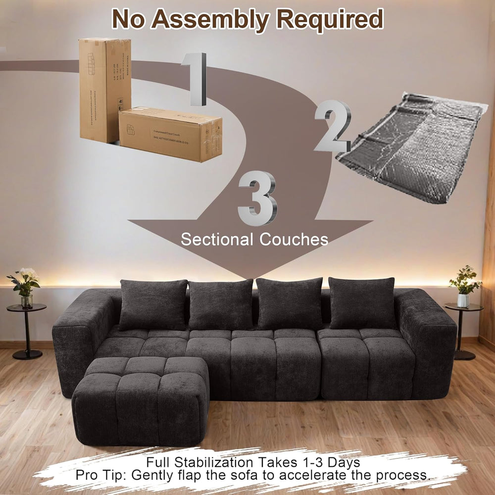 119" Boneless Couch, Cloud Sectional Couch with Deep Seat, High-Density ...