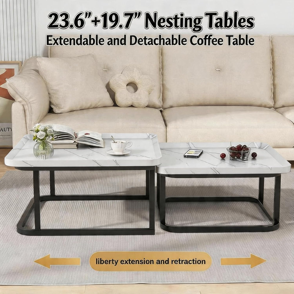 Set of 2 Nesting Coffee Tables, Space‑Saving Side Table Set,White | Stackable...