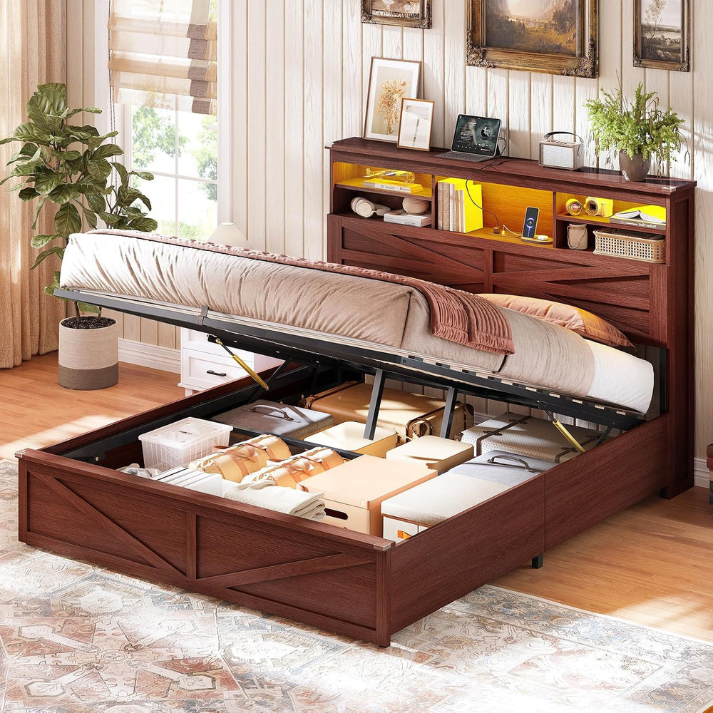 AOGLLATI Farmhouse Full Size Bed Frame with Lift Up Storage,Brown