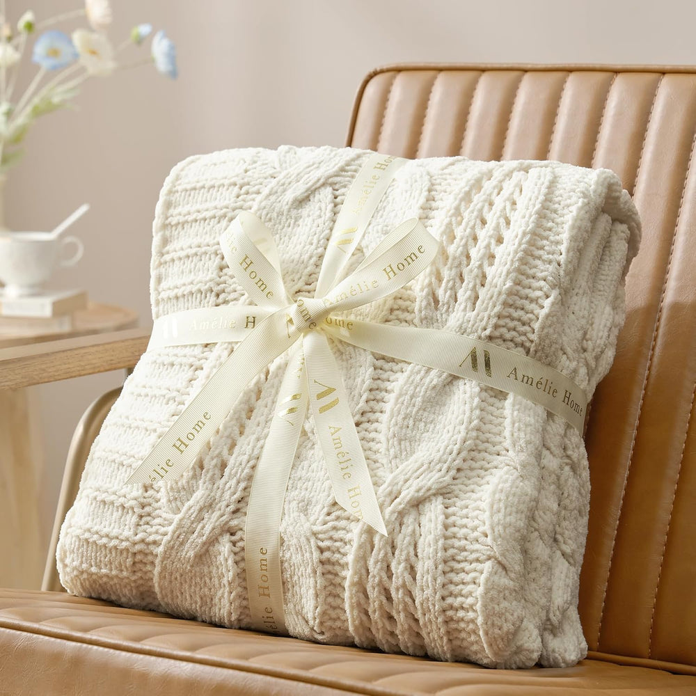 Amélie Home Cable Knit Chenille Throw Blanket, Cream White 60×80