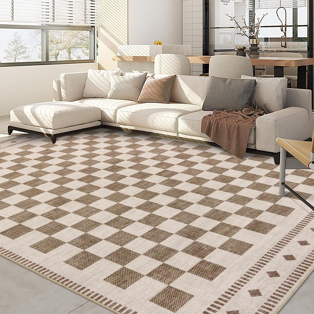 Garvee Large Checkered 10x14 Rug for Living Room Washable Non Slip, Beige