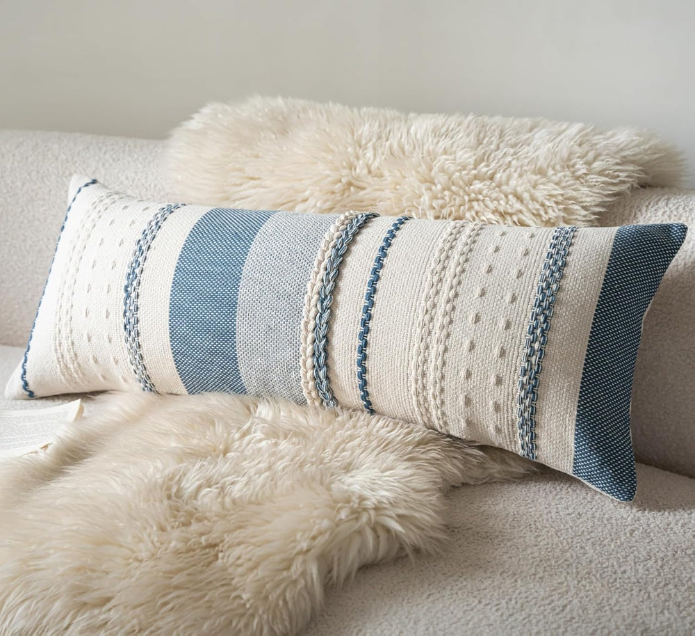 Cethom Boho Lumbar Pillow Covers 14x36 Inch Long, Blue Textured Decorative Co...