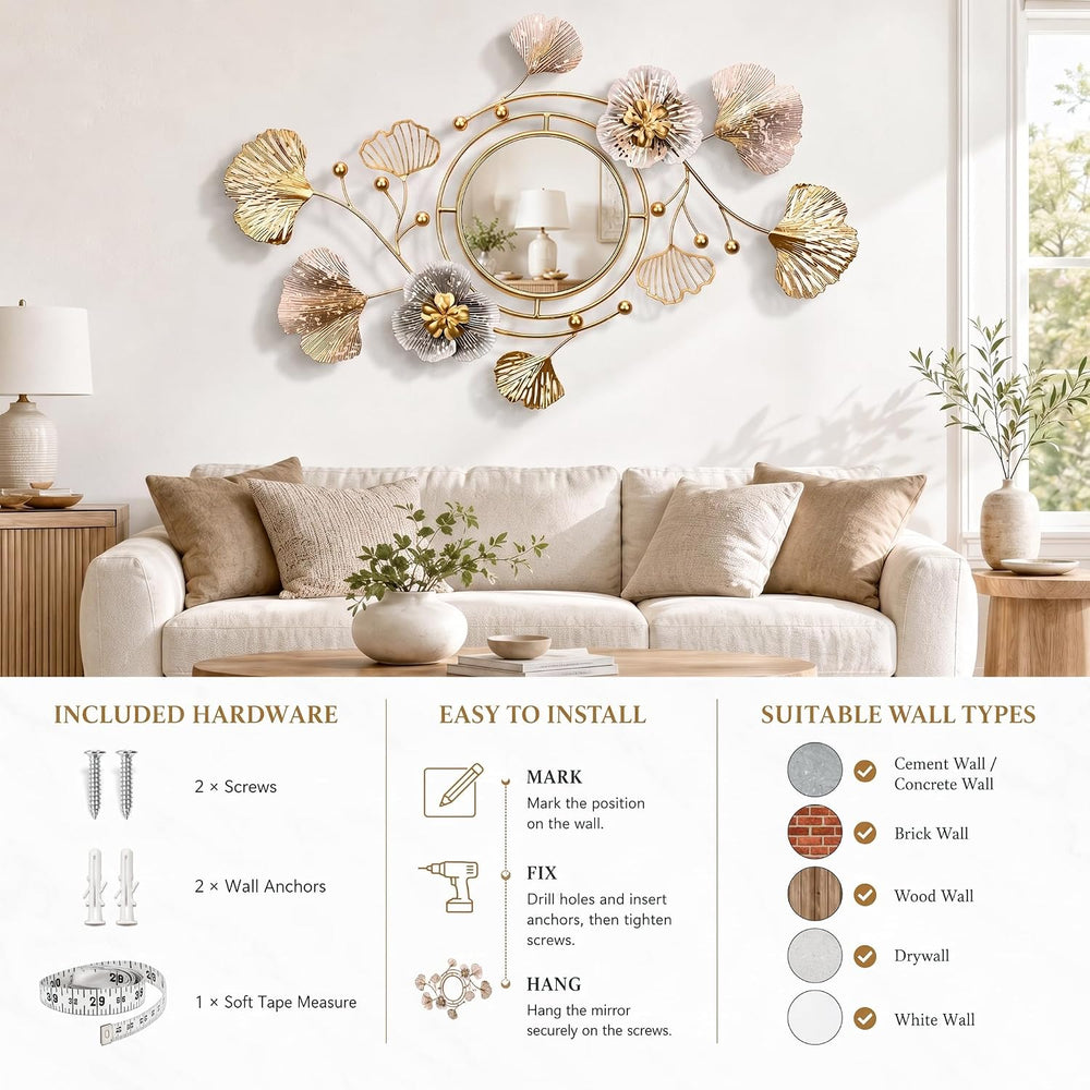 47" Large 3D Ginkgo Floral Metal Wall Decor Mirror