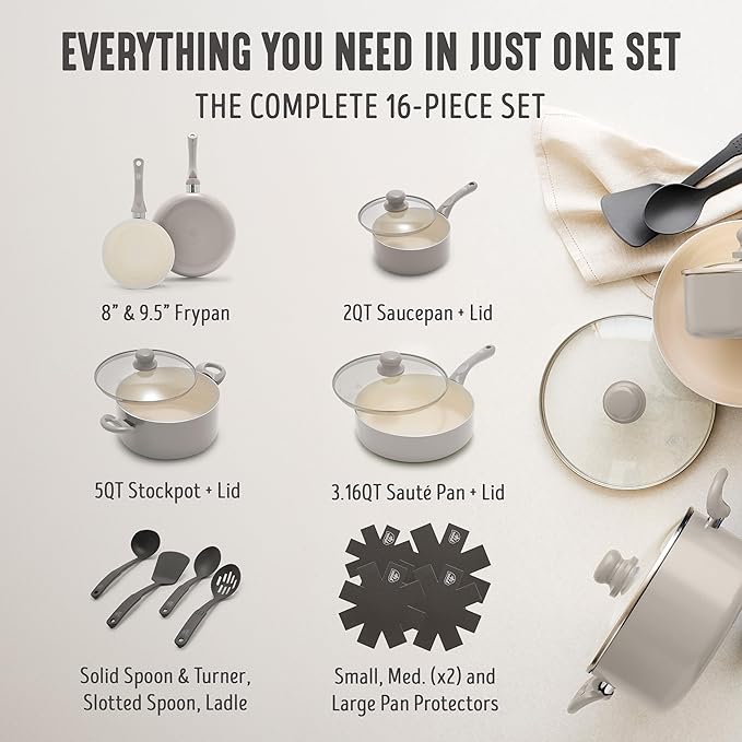 GreenLife 16-Piece Nonstick Cookware Set, Non-Toxic Ceramic Pots and Pans Set