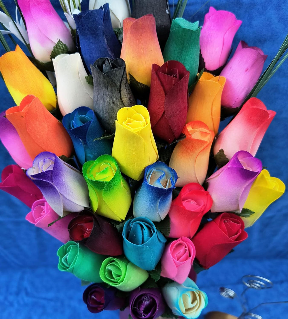 Assorted Colors Wooden Rose Closed Bud Bouquets 3 Dozen