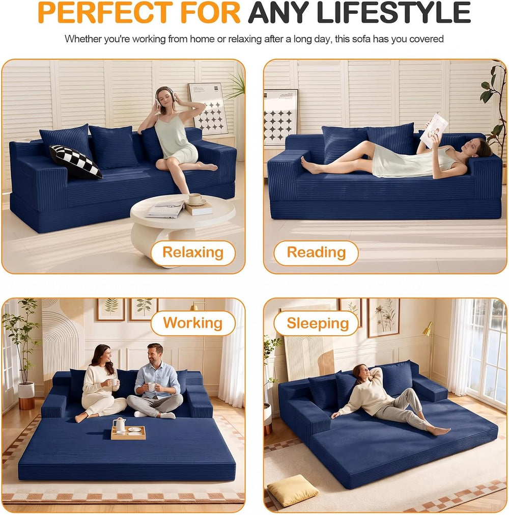 3 Seater Boneless Couch Sofa Bed, 78'' Corduroy Oversized Loveseat Fo...