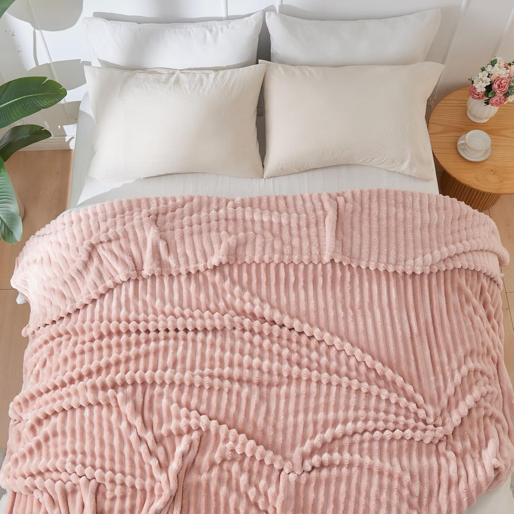 NEWCOSPLAY Fleece Ribbed Cozy Queen Blanket for Couch, Pink, 90"x90"