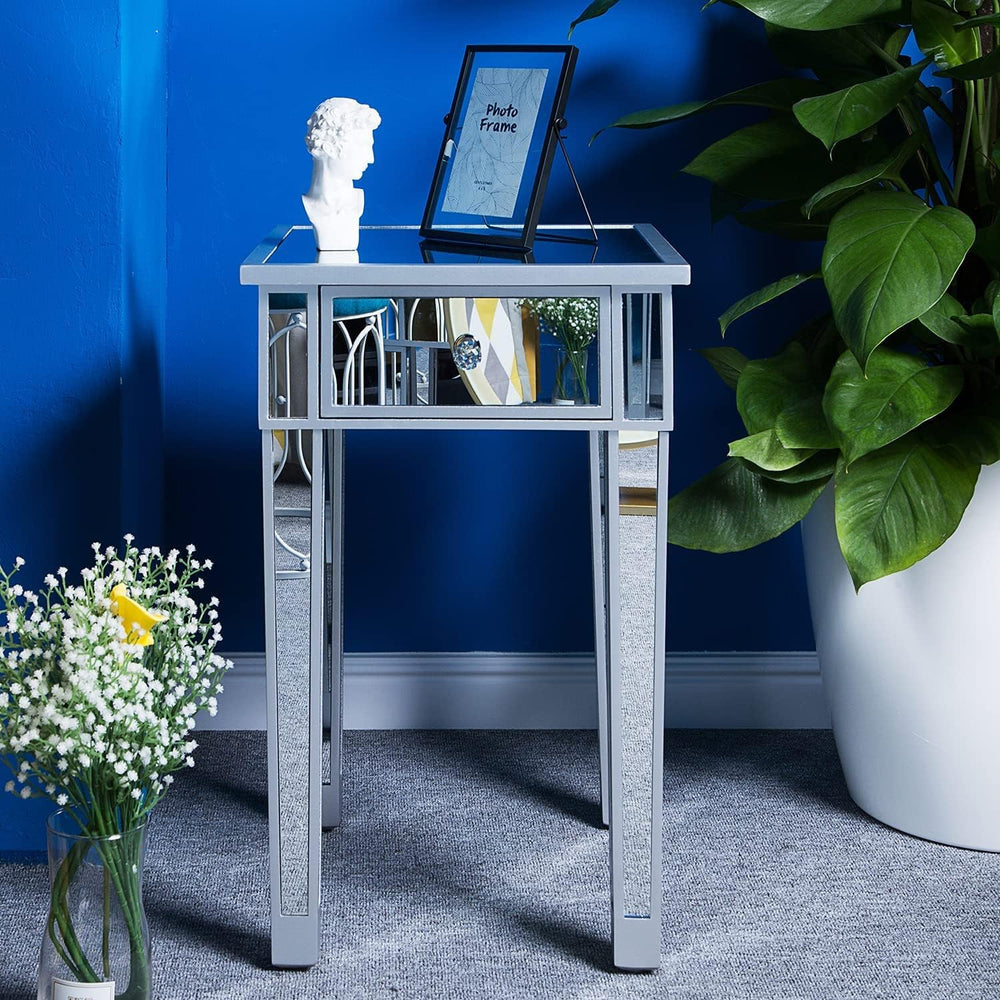 VINGLI Mirrored End Table with Drawer Silver Modern Nightstand/Bedside/Accent...