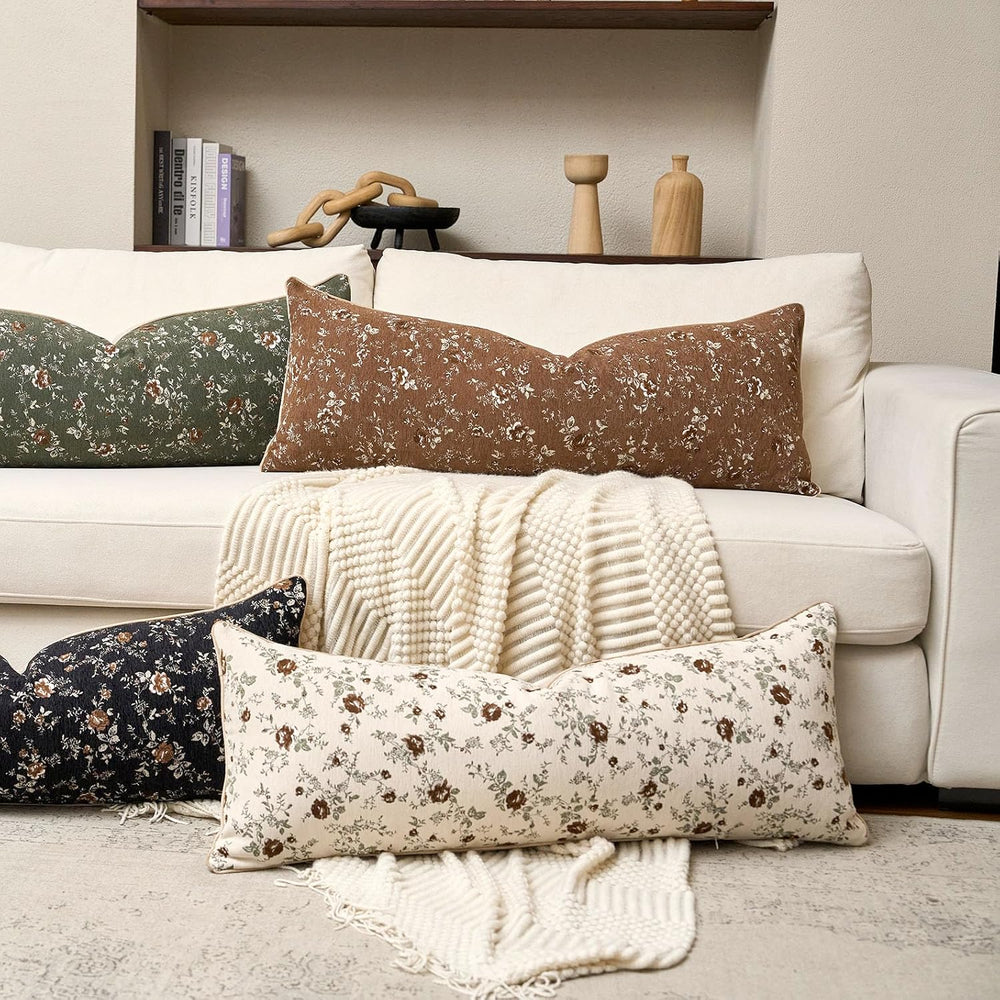 Fall Flower Lumbar Throw Pillow Cover 14x36 Inch Beige Vintage Floral Farmhou...