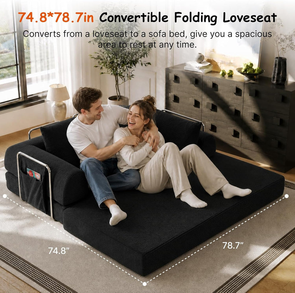 78" Convertible Sofa Bed, Corduroy Pull Out Couch with Fixed Frame &...