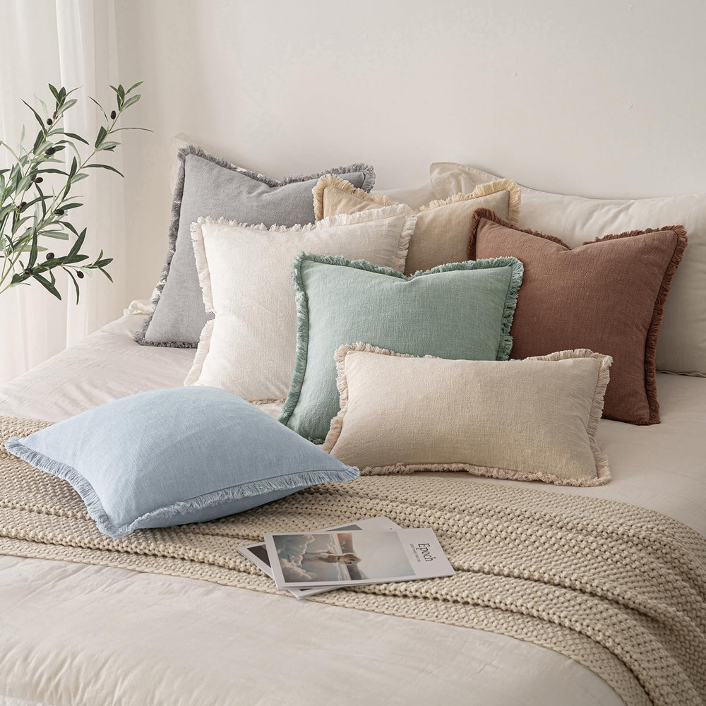 MIULEE Boho Linen Fringe Decorative Throw Pillow Covers Sky Blue 20x20