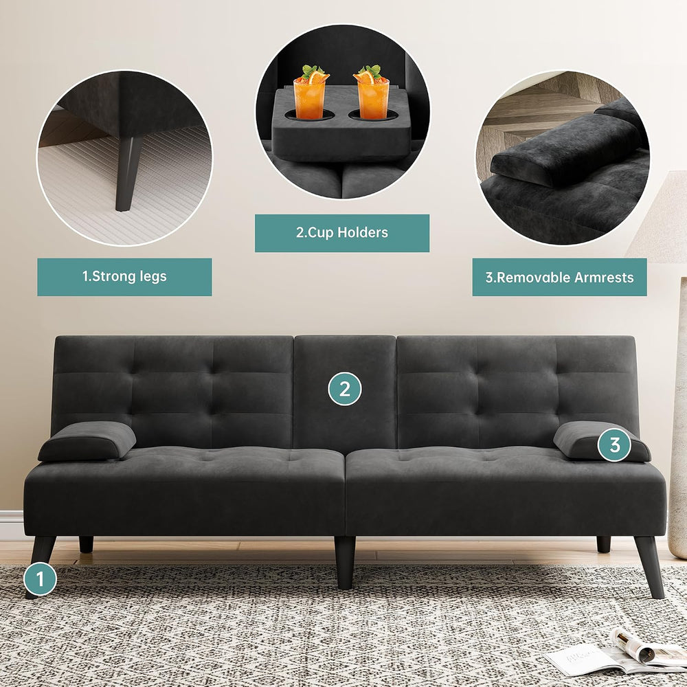 64" Futon Sofa Bed, Small Loveseat, Cup Holders Armrests, Black