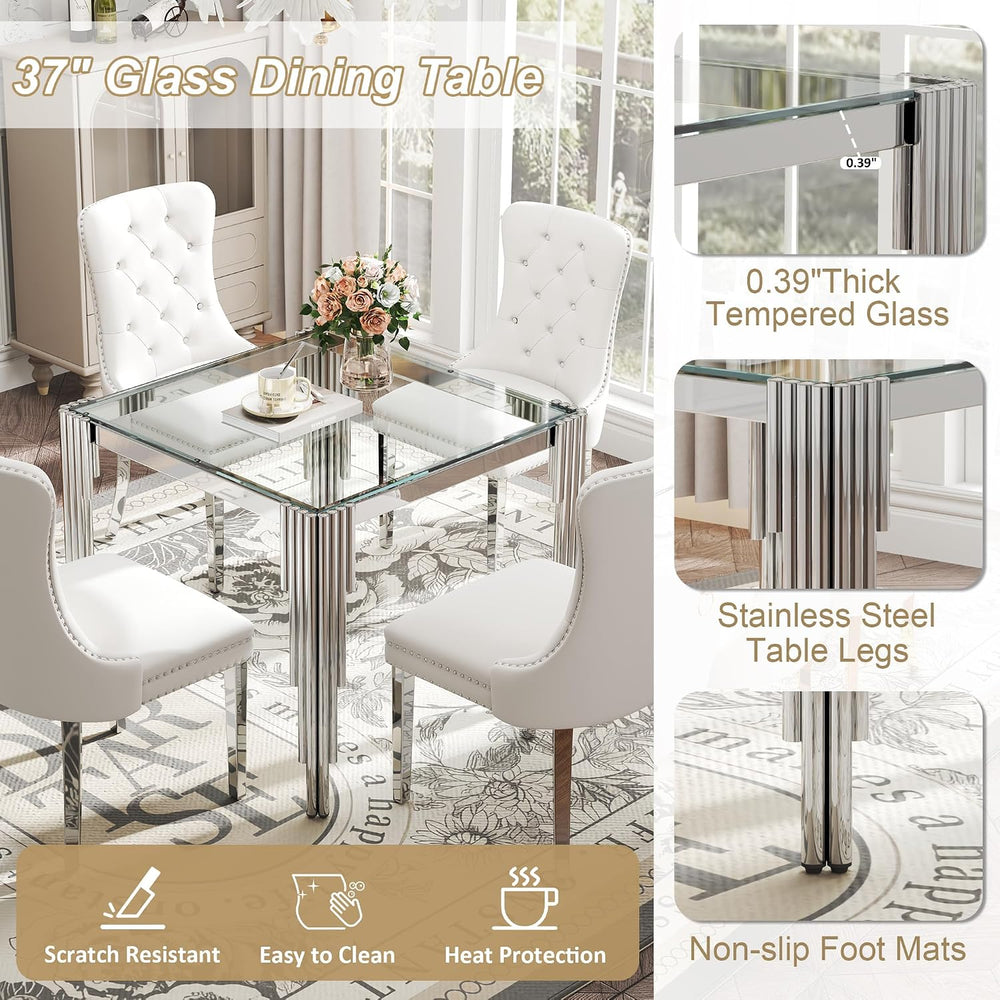 Modern Square Glass Dining Table for 4 People, Compact 37" Clear Tempere...