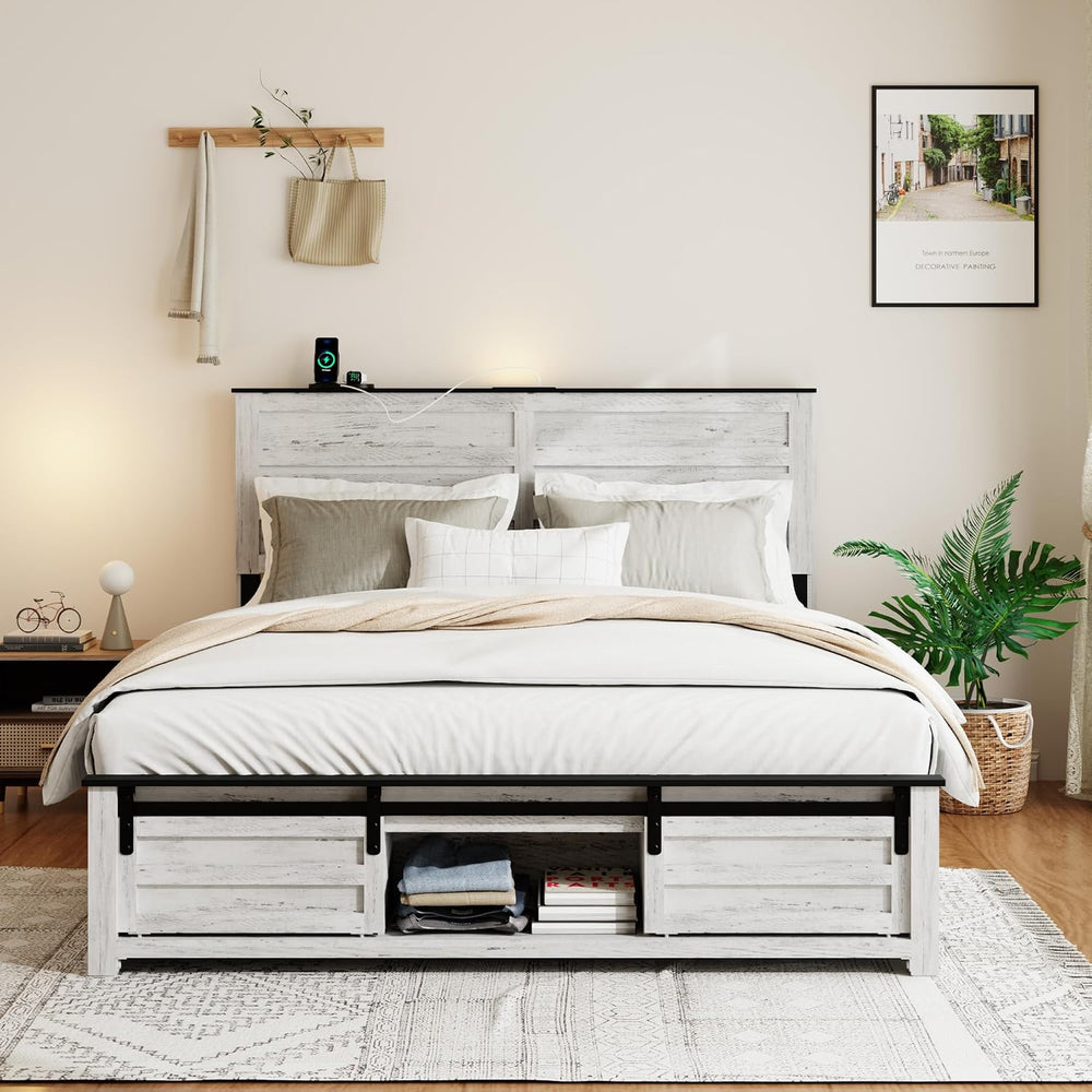 Wooden Full Bed Frame with Headboard, Farmhouse Storage, Barn Door