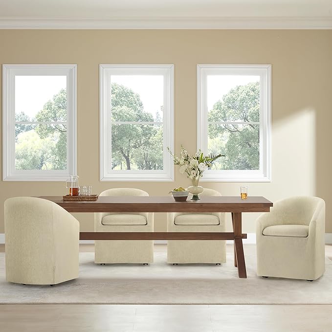 Upholstered Dining Chairs with Casters, Washable Cover Modern Dining Room Cha...