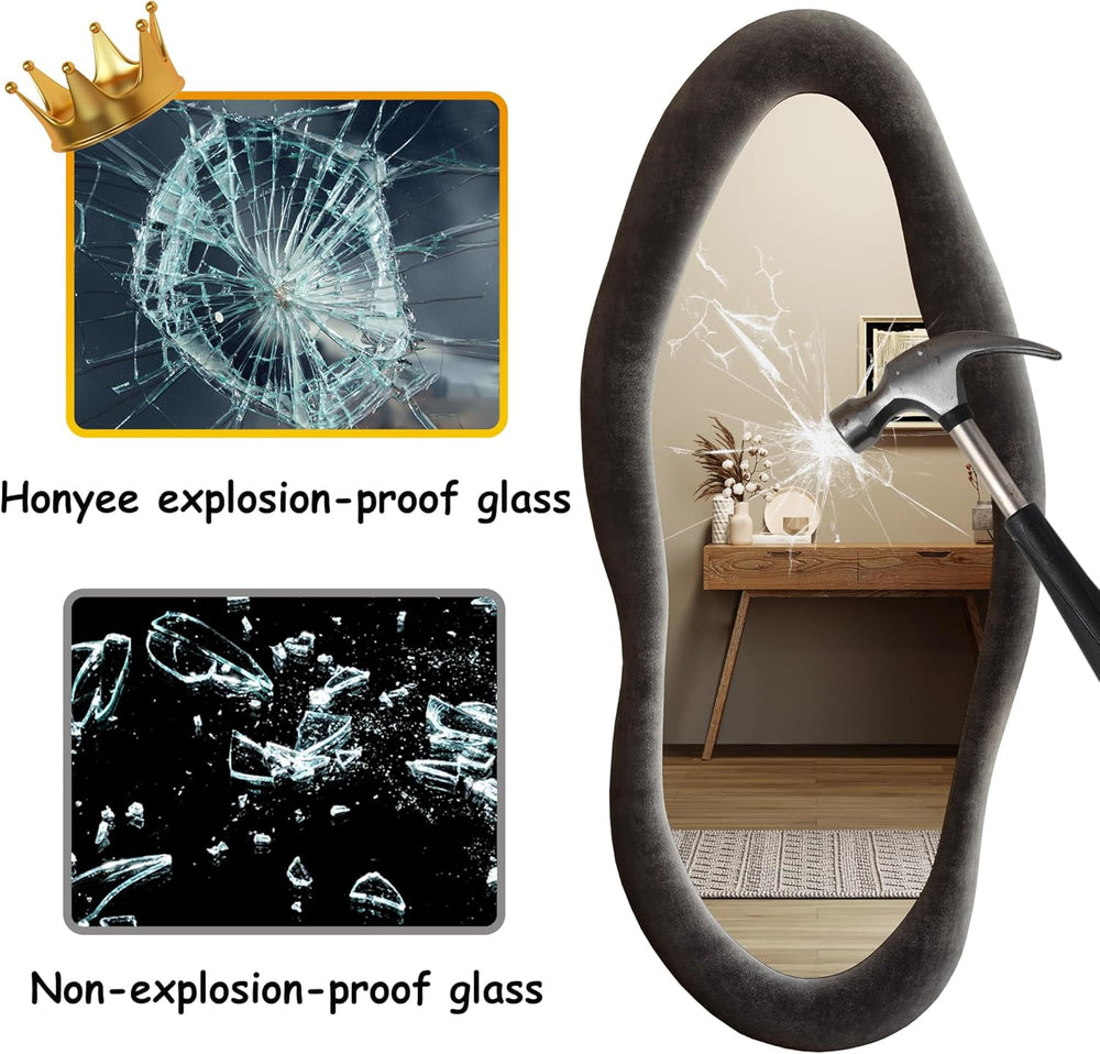 Honyee 55" x 24" Wavy Mirror, Flannel Wrapped Wooden Frame, Irregul...