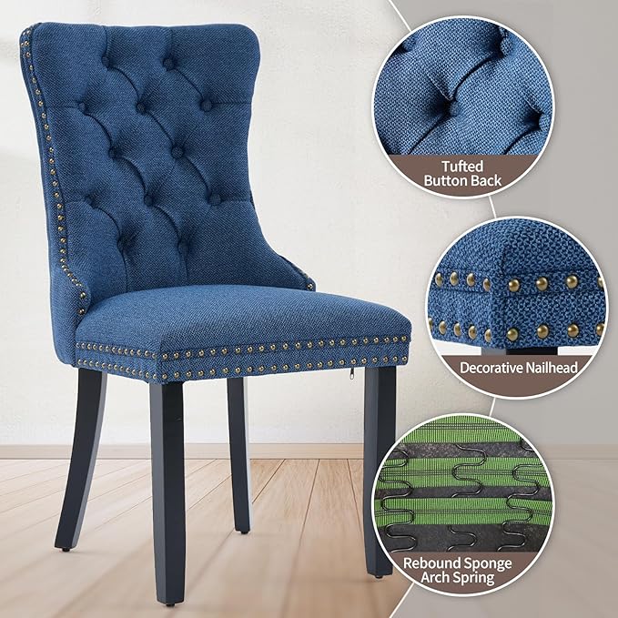 Blue Dining Chairs Set of 2, Upholstered Tufted Linen Fabric Dining Room Chai...
