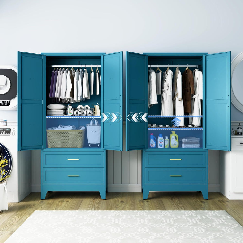 71" Metal Wardrobe Closet Clothing Storage Cabinet with 2 Drawers