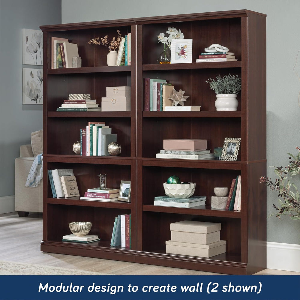 5-Shelf Bookcase with Storage, Classic Cherry Finish Wood Bookshelf for Livin...