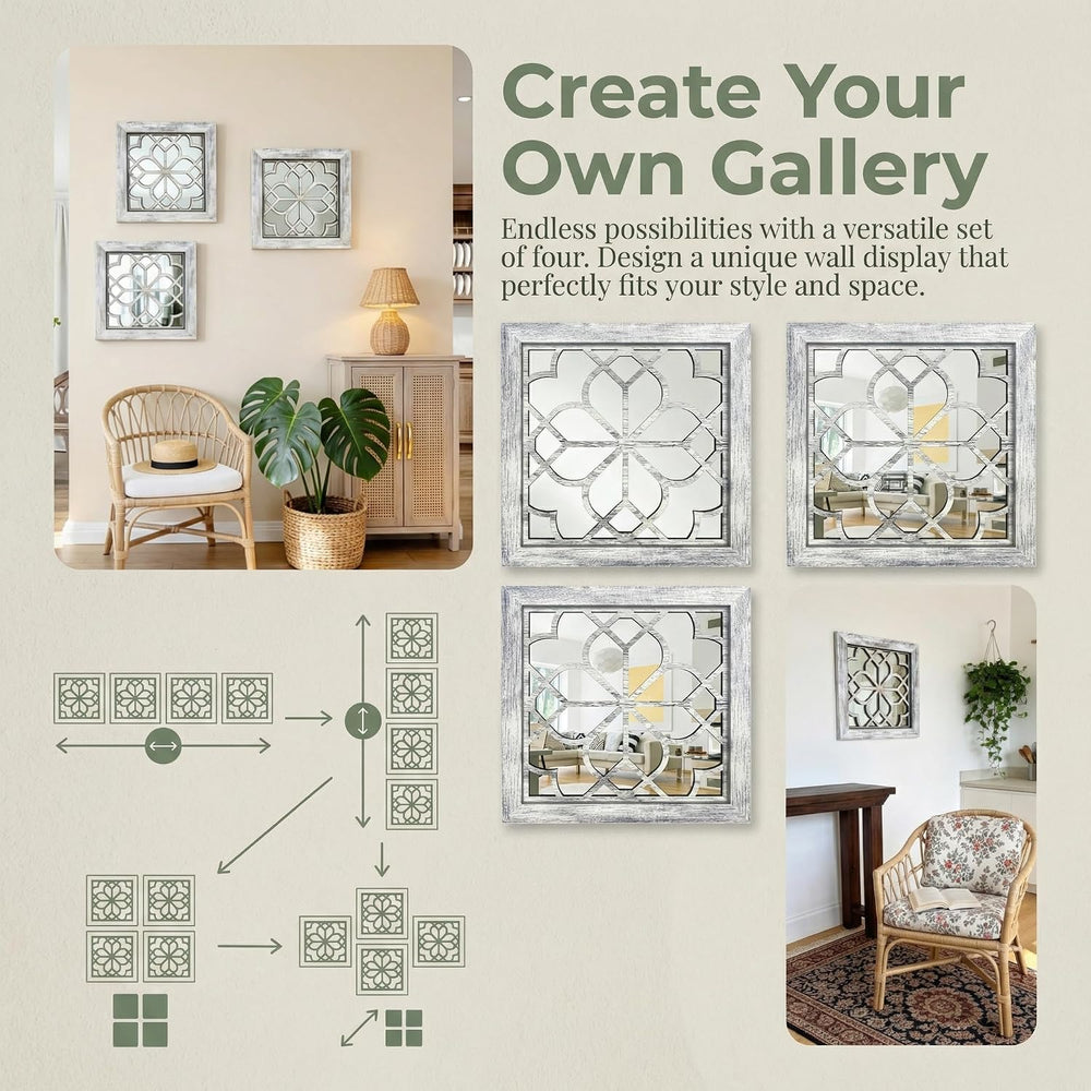 Set of 2 14 Inch Square Grey Window Pane Wall Mirrors, Shatterproof Rustic Fa...