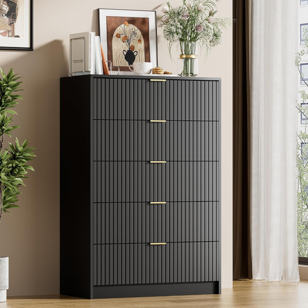 3 Piece Modern Bedroom Set, 5 Drawer Dresser with 2 Nightstands, Black
