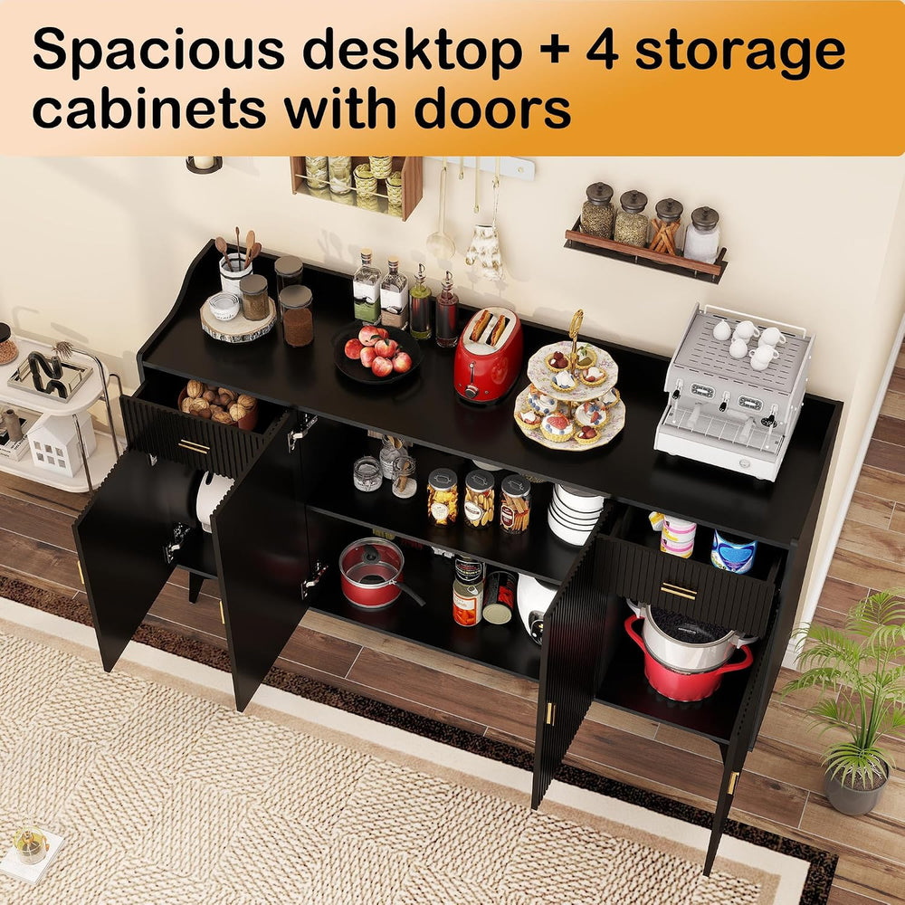Sideboard Buffet Cabinet with Drawers: 63" Black Fluted Sideboard Cabine...