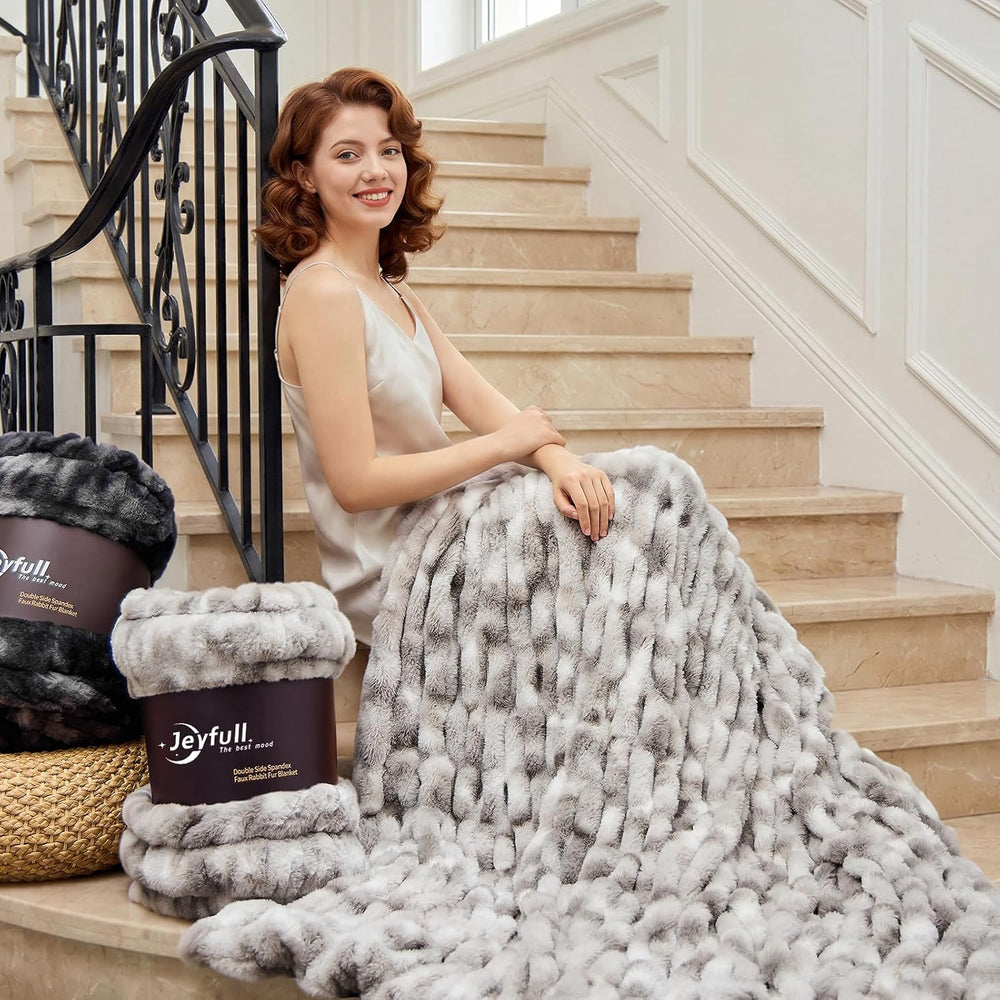 Faux Fur Throw Blanket Double Sided Stretch Ruched Faux Fur Gray Throw Blanke...