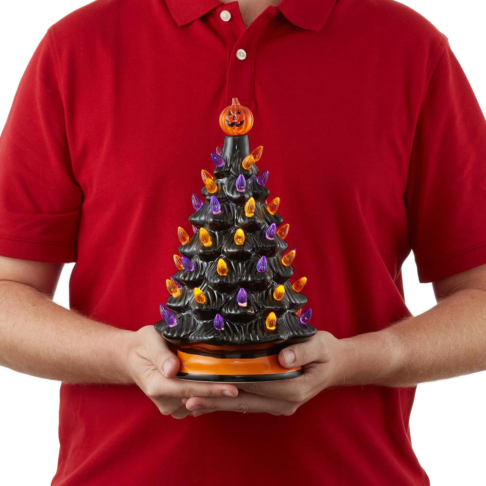 Casafield Hand-Painted Ceramic Halloween Tree, Black 12-Inch Pre-Lit Decorati...