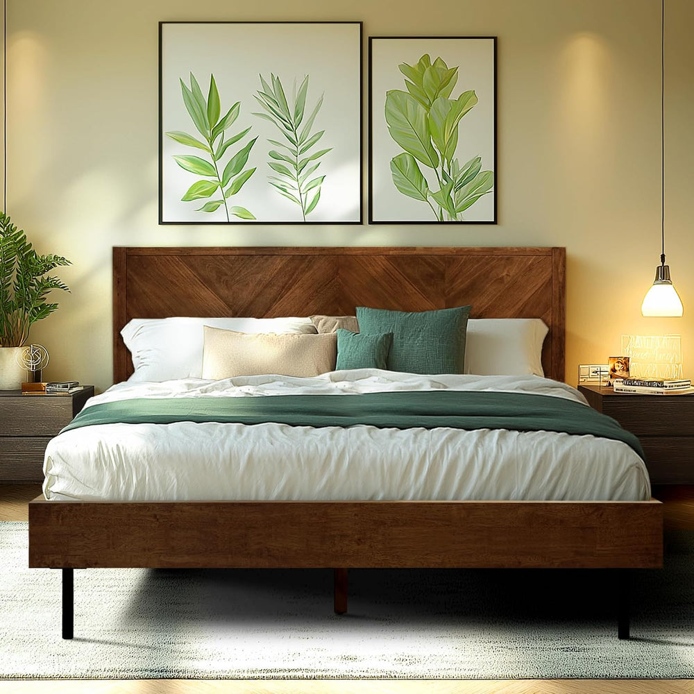 Acacia Alander Bed Frame with Headboard Bed Frame Queen Size Solid Wood Platf...