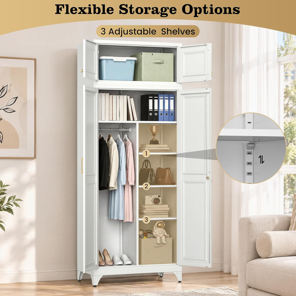86" Metal Wardrobe Closet with Lock, Tall Armoire, White