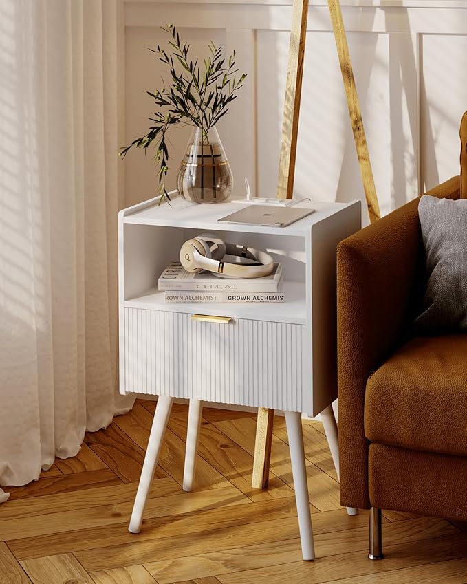 White Nightstand with Outlet,Modern Bedside Table with Storage Drawer and Ope...