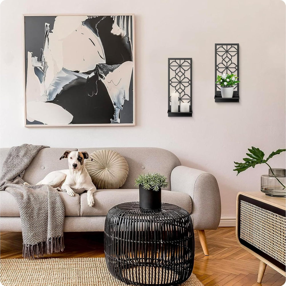 Wall Candle Holder Set of 2, Black Metal Wall Art
