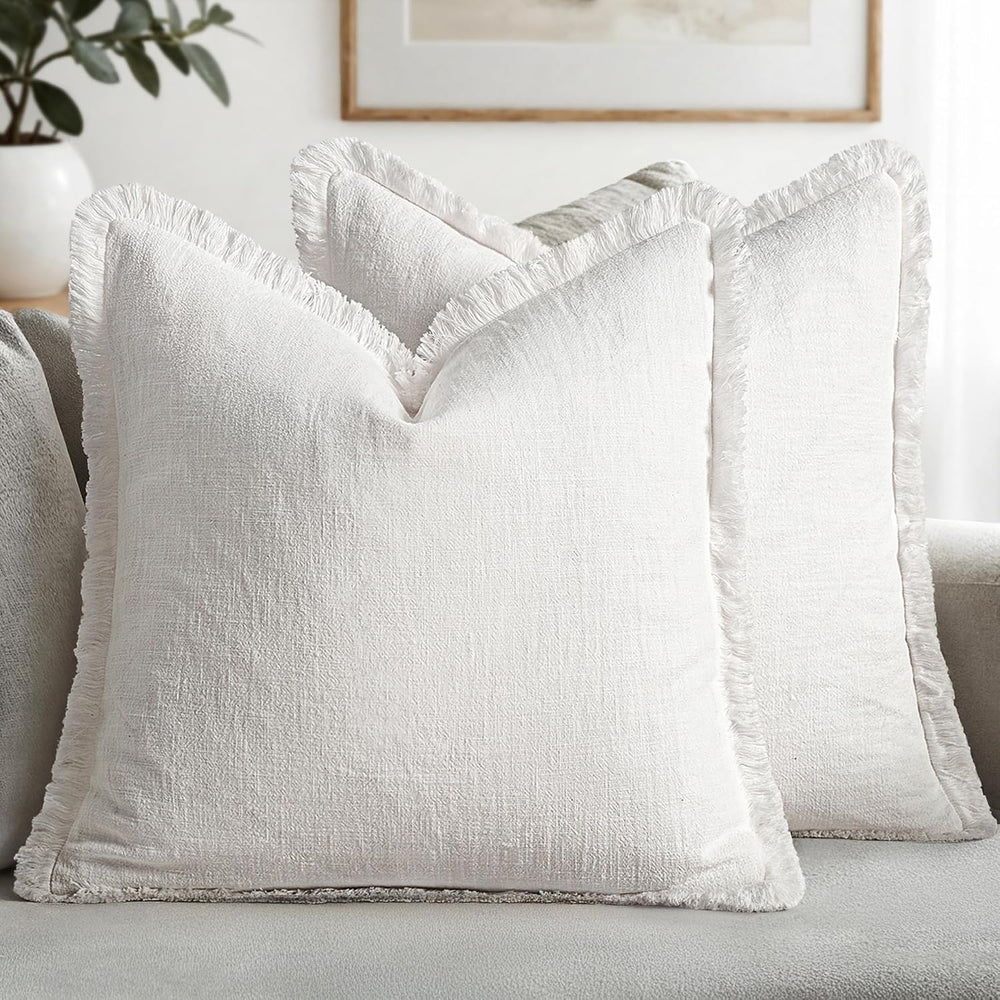 MIULEE Decorative Throw Pillow Covers Neutral Linen Fringe Throw Pillows Set of