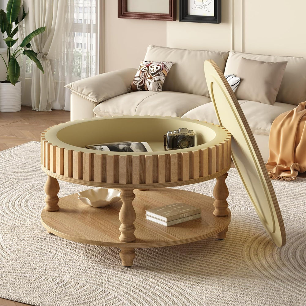 TesNus 31.5'' Round Coffee Table with Storage, Modern Wood Coffee Tab...