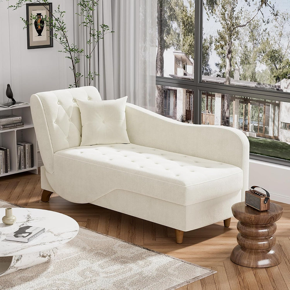 Chaise Lounge Chair Indoor with Storage,Adjustable Backrest,Beige White