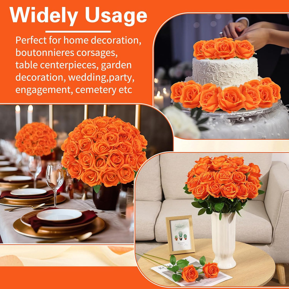36 Pcs Orange Artificial Roses with Long Stems