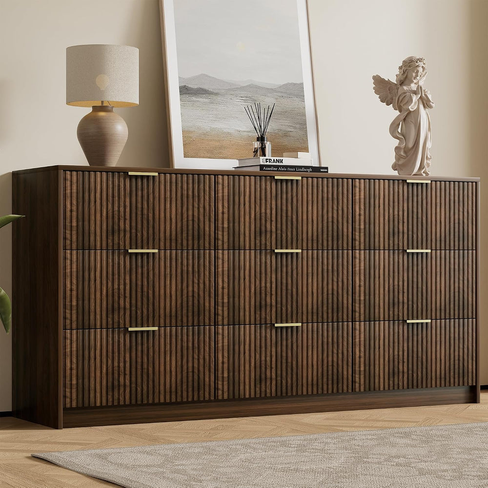 Furniway Walnut 9 Drawer Dresser for Bedroom, 63" Wide Fluted Wood Dresser