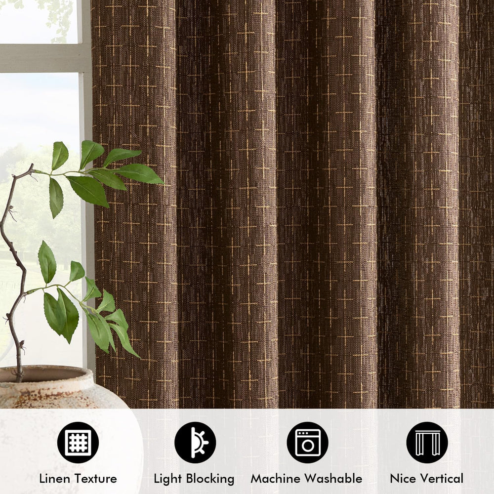 MIULEE Patterned Farmhouse Linen Curtains, Back Tab, 52Wx84L, Dark Coffee